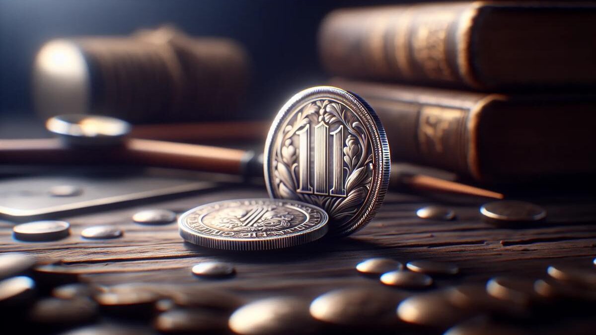 Primo piano di una moneta con bordo doppio, un raro tesoro per i collezionisti.