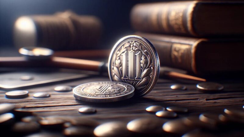 Primo piano di una moneta con bordo doppio, un raro tesoro per i collezionisti.